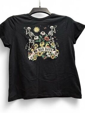 No Bad Days Floral Skeleton Crop Tee - Black